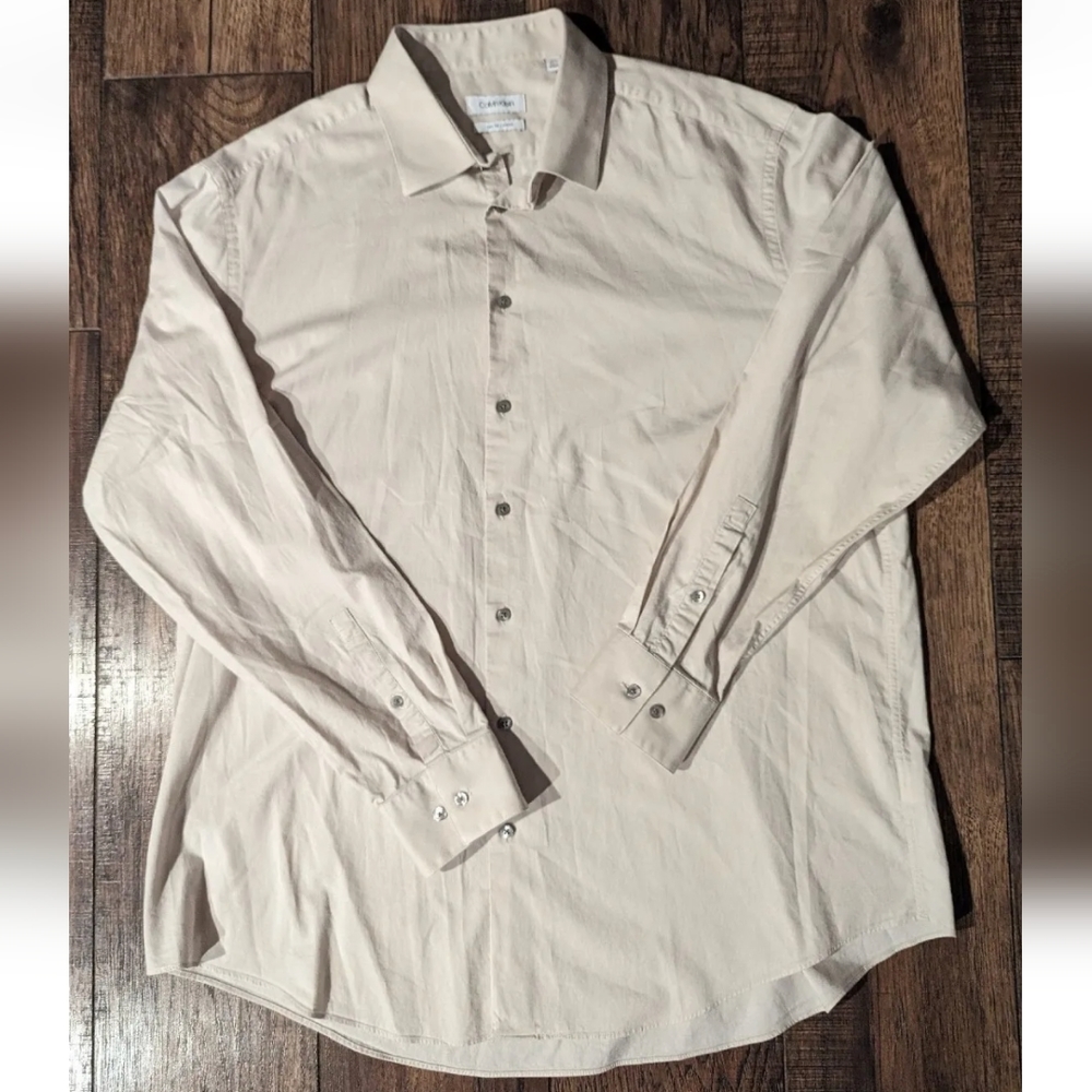 Calvin Klein Mens Dress Shirt Taupe 18 1/2 36/37 Slim Tall Stretch Non-Iron.